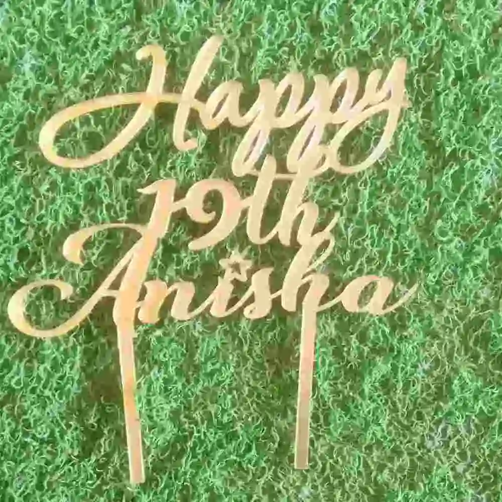 Happy Birthday Name And Age Cake Topper-(Gold Acrylic)